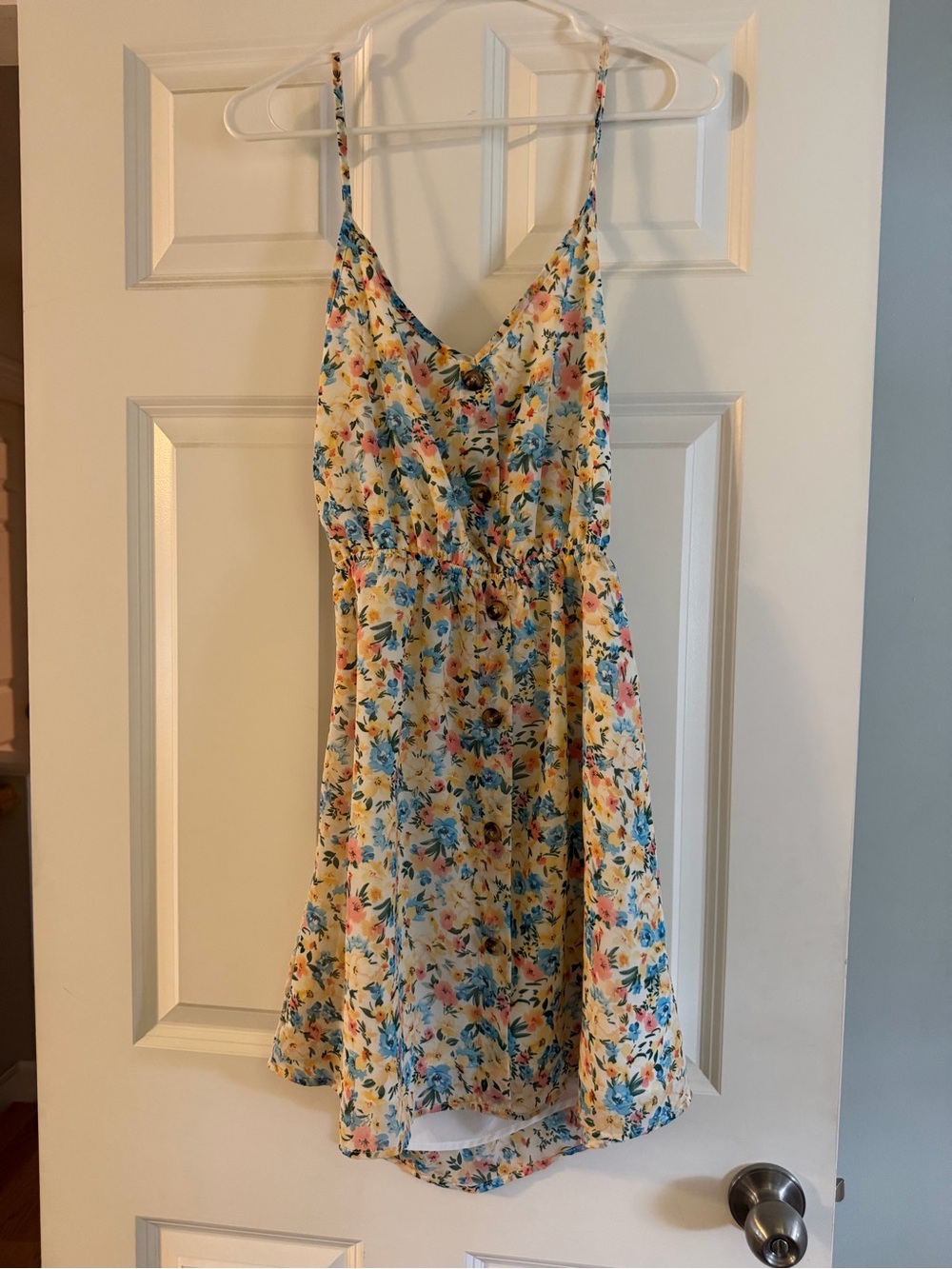Pink Lily Yellow Floral Spaghetti-Strap Mini Dress